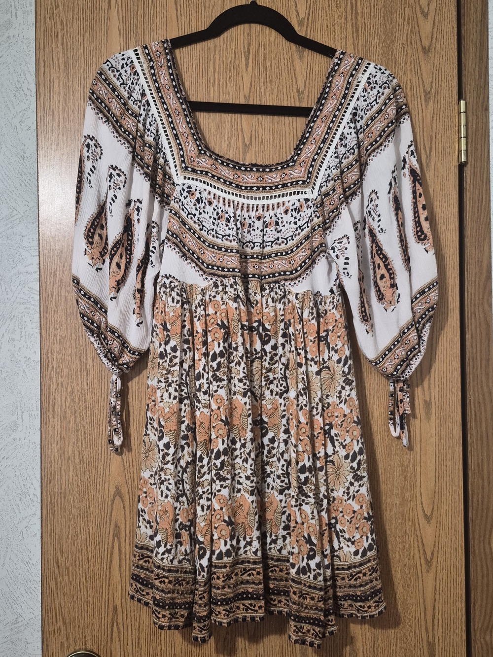 Free People Floral Square-Neck Midi Dress in Cream and Tan